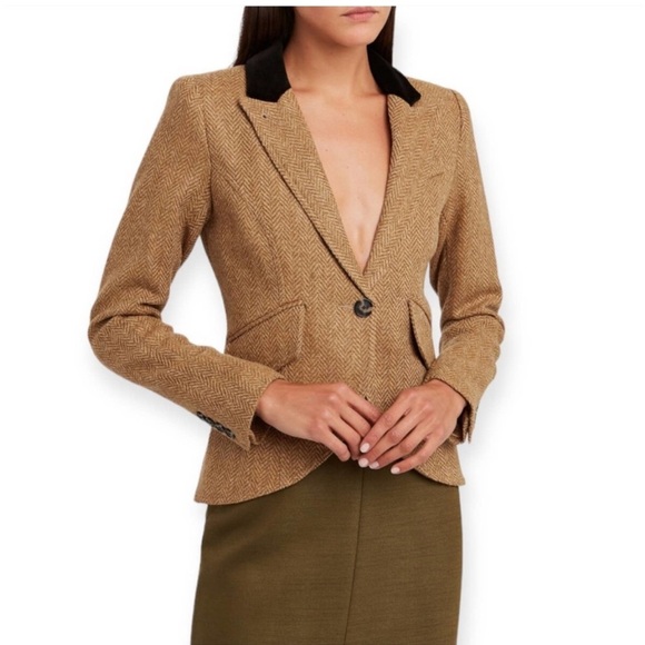 Smythe Jackets & Blazers - Smythe Herringbone Blazer Velvet Trim Beige Brown Black Wool Fall 2 Neutral